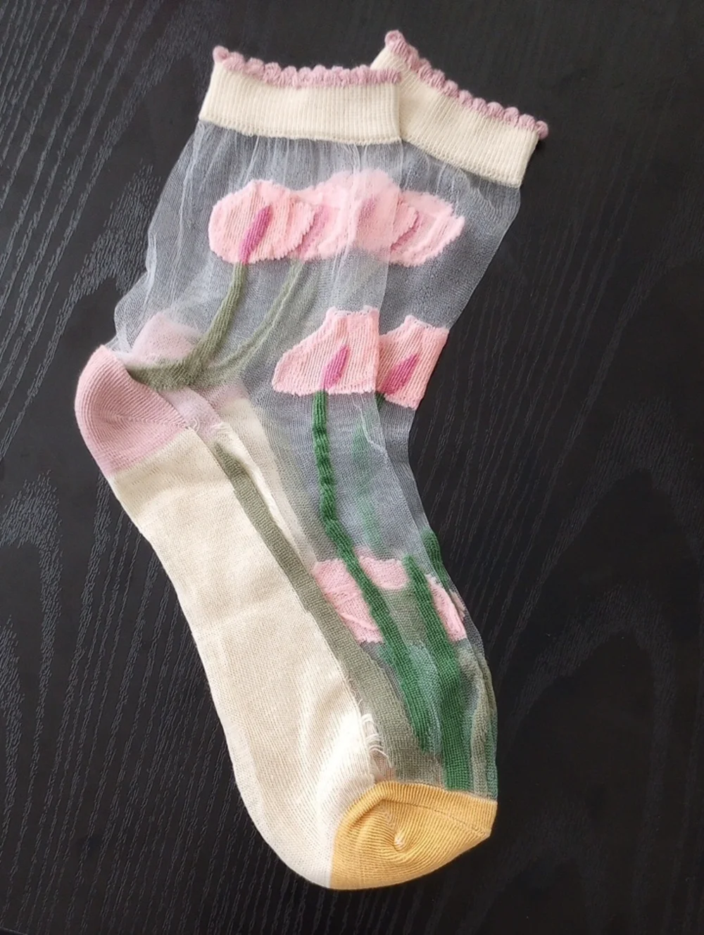 Summer Sheer Floral Crew Midcalf Socks with Pink Burgundy Blossoms